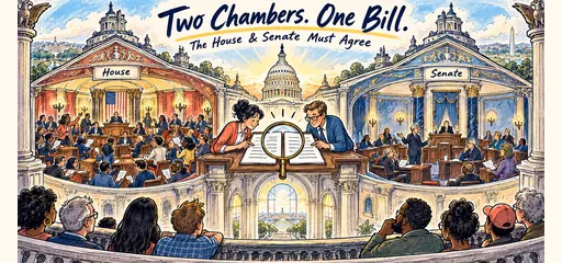 Hand-drawn bicameral Congress comic showing distinct House and Senate chambers with two clerks comparing identical bill pages through a magnifying glass.