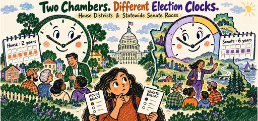 Rubber-stamp and oil-pastel comic showing a voter comparing House district and statewide Senate ballots, with separate two-year and six-year election clocks and candidates meeting their communities.
