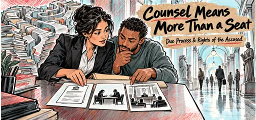 Brush-marker and red-pencil comic of a defense attorney and client reviewing case materials together beside a maze of documents, illustrating meaningful legal assistance through critical proceedings.