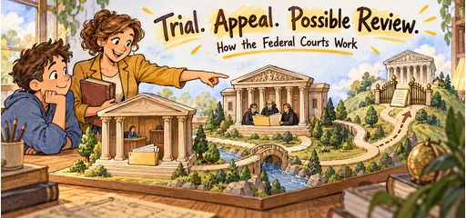 Hand-drawn tabletop courthouse comic showing a trial record, appellate judges reviewing a folder, and a gated possible Supreme Court petition route.