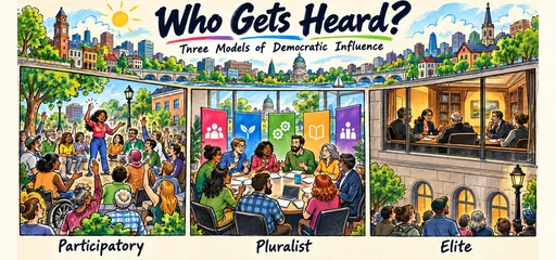 Hand-drawn democracy comic comparing broad citizen participation, bargaining among independent organized groups, and policy access concentrated within a small circle.