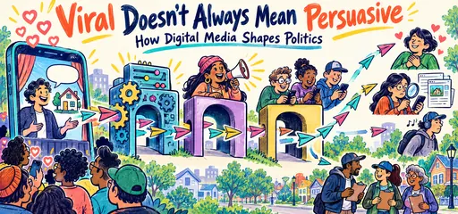 Felt-tip marker comic tracing political posts through recommendation systems, influencers, and users to different responses: support, source checking, distraction, and volunteer mobilization.