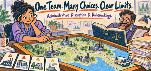 Hand-drawn crayon comic of an agency dispatcher prioritizing factory inspections on a framed map using risk cards, one inspection van, and a colleague reviewing legal criteria.