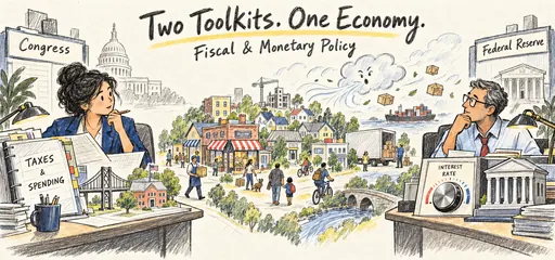 Graphite and hand-brushed comic showing separate Congress and Federal Reserve workstations for fiscal and monetary policy, with a community economy between them facing outside supply shocks.