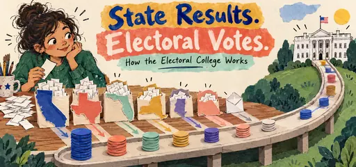 Cut-paper and gouache comic showing a curious voter sorting ballots into state-shaped packets, which become stacks of electoral tokens traveling toward the White House.