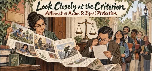 Bamboo-pen and gouache comic of university reviewers examining an individual applicant’s illustrated experiences and a policy criterion, with a justice scale and applicants holding distinct portfolios.