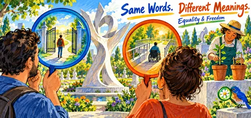 Felt-tip and poster-paint comic of visitors viewing an open gate and an accessible ramp through different colored lenses, illustrating different interpretations of freedom and equality.