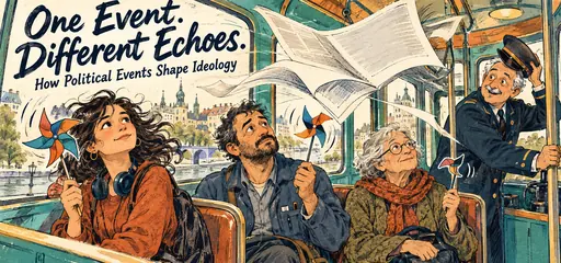 Dip-pen and gouache comic of three generations riding a tram, their pinwheels responding differently to the same newspaper breeze, illustrating varied political responses to shared events.
