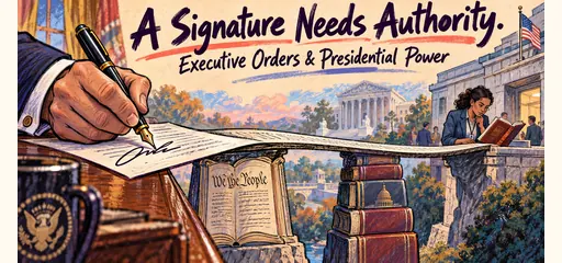 Hand-drawn executive order comic showing a signed directive becoming a bridge supported by the Constitution and congressional laws while an agency worker checks its authority.