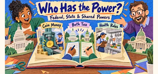 Hand-drawn paper collage comic showing federal coin production, separate federal and state tax ledgers, and a state health inspection to illustrate divided and concurrent government powers.