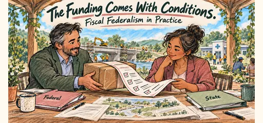 Hand-drawn fiscal federalism comic showing a federal grants officer offering funding with a checklist of conditions to a state program manager beside bridge repairs and a public clinic.