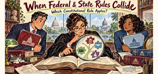 Hand-drawn constitutional federalism comic showing a judge examining an open Constitution through a magnifying glass while federal and state advocates present different sources of authority.
