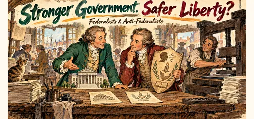 Hand-drawn founding-era comic showing two essayists debating stronger national government and explicit liberty safeguards in an eighteenth-century print shop.