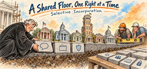 Mechanical-pencil and watercolor comic of a robed courthouse architect fitting individual rights tiles beneath state civic buildings while builders check a shared level foundation.