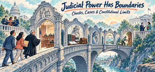 Hand-drawn courthouse bridge comic with litigants, a judge, gateways, law books, an evidence bag, and implementation work illustrating checks and limits on judicial power.