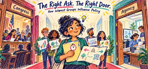 Wax-crayon and watercolor comic of a community advocate choosing between a congressional hearing and an agency office, carrying a timed proposal and evidence from fellow citizens.