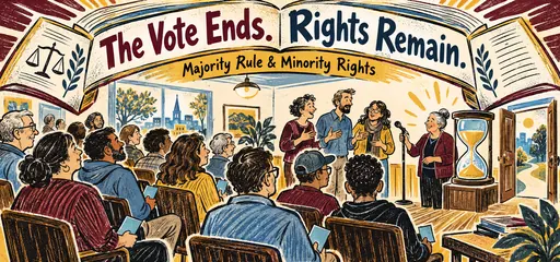 Linocut and graphite comic of a community meeting listening to a smaller group at an open microphone beneath a protective book arch, illustrating minority rights after a collective vote.