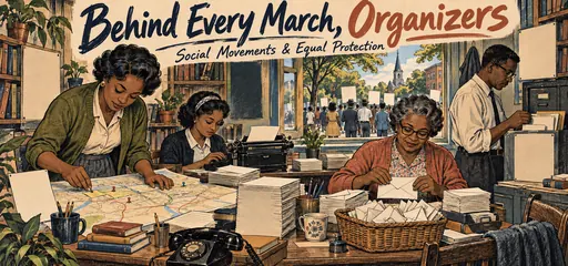 Charcoal and colored-pencil comic of 1960s Black community organizers arranging carpools, typing documents, preparing envelopes and collecting records while a peaceful march gathers outside.