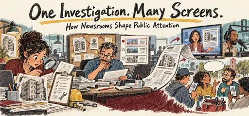 Charcoal and watercolor comic of a reporter investigating housing records, an editor checking the story, and reporting circulating through television, radio, phones, and public discussion.