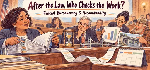 Hand-drawn oversight hearing comic showing an agency report binder, committee inquiry, an auditor chart, resident testimony, and a reporting calendar about bridge safety performance.