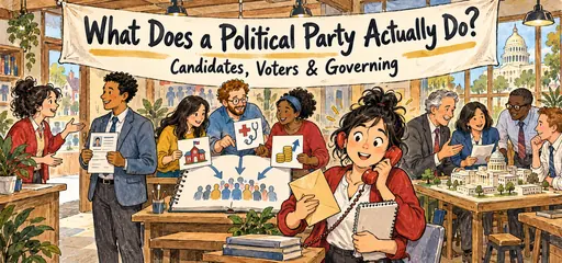 Sepia-ink and gouache comic of a political-party workshop recruiting a candidate, combining community concerns into a platform, calling voters, and coordinating elected officials.
