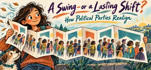 Brush-marker and chalk-pastel comic of a civic observer holding an accordion sketchbook that tracks changing voter coalitions across several elections, with a ribbon following people through the folds.