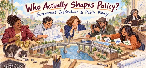 Hand-drawn civic workshop comic showing officials, an administrator, a reporter, residents, and a legal reviewer contributing different resources to a public transit model.