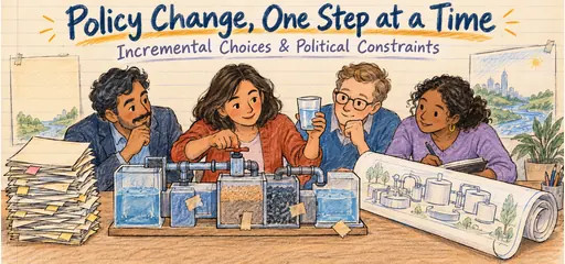 Pencil-and-ink comic of civic decision makers adjusting one valve in an existing water-system model, checking observations, and comparing accumulated patches with a larger redesign sketch.