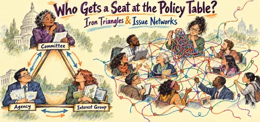 Dip-pen and colored-pencil comic comparing a stable triangle of committee, agency, and interest-group representatives with a broad web of researchers, journalists, advocates, and officials.