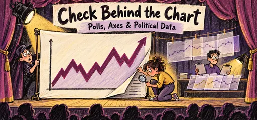 Charcoal and pastel comic of an analyst lifting a theatrical chart backdrop to inspect its source notes, while another compares overlapping tracking-poll sheets.