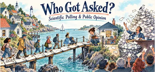 Fountain-pen and watercolor comic of a survey researcher connecting a coastal town to a research desk with an address-envelope bridge, beside a radio host and a towering pile of volunteer responses.