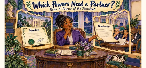 Hand-drawn presidential powers comic contrasting a completed federal pardon with an unfinished nomination reviewed by senators, illustrating powers exercised alone and with Senate consent.