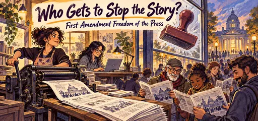 Hand-lettered newsroom comic showing a print editor and digital reporter publishing news for readers, with a censorship stamp outside a protective window representing First Amendment press freedom.