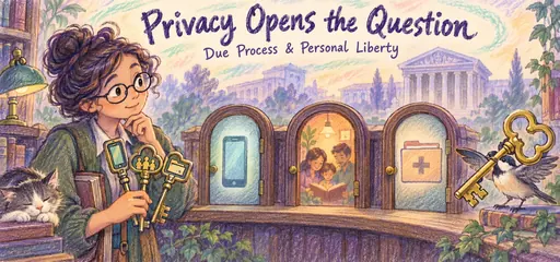 Colored-pencil and oil-pastel comic of a civics investigator with different keys for doors representing phone information, family decisions and medical records, illustrating distinct privacy inquiries.