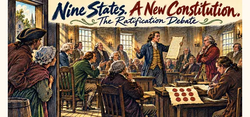 Hand-drawn historical ratification comic showing delegates debating the proposed Constitution in an eighteenth-century state convention, with nine wax seals representing the required state approvals.