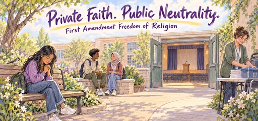 Hand-drawn school courtyard comic showing a student praying privately while classmates converse and a teacher prepares neutral school activities, illustrating religious freedom and government neutrality.