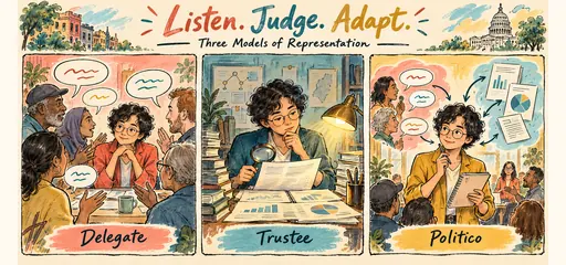 Hand-drawn congressional representation comic showing the same legislator listening to constituents as a delegate, studying evidence as a trustee, and adapting between both approaches as a politico.