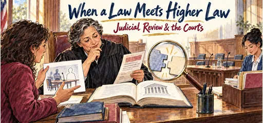 Hand-drawn courtroom comic of a judge and litigant comparing an agency action with higher law, with a missing-hearing illustration and interlocking paper shapes representing a legal conflict.