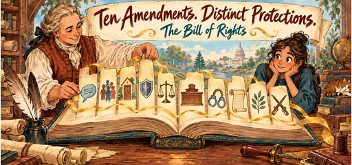 Hand-lettered bookbindery comic with a historical artisan and modern student exploring ten parchment tabs and liberty symbols, illustrating the Bill of Rights and its distinct protections.