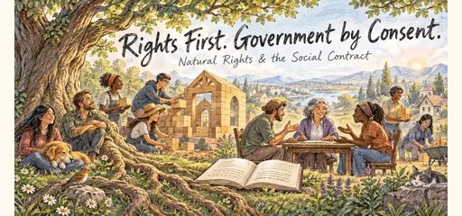 Hand-drawn natural rights comic showing neighbors building a community hall beneath an established tree while an impartial mediator helps resolve a dispute, illustrating government formed by consent to protect rights.