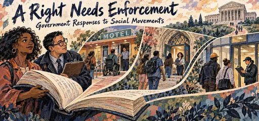 Hand-brushed ink and watercolor comic of an advocate and investigator following three paths from a law book toward a motel, university and workplace, illustrating civil-rights enforcement across institutions.