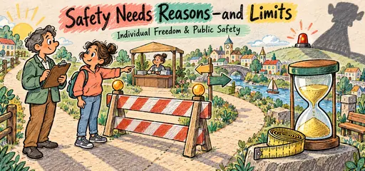 Hand-drawn comic of a resident and official reviewing a temporary street barrier, with an hourglass and measuring tape representing evidence, duration, and limits on public safety restrictions.
