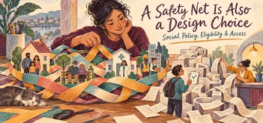 Colored monoprint and watercolor comic of a policy designer weaving a community safety net while an eligible citizen and administrator navigate a maze of application paperwork.