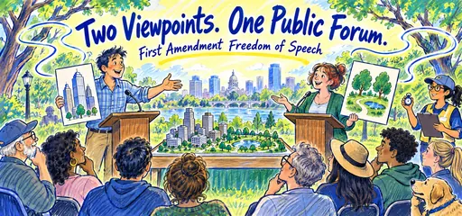 Hand-drawn park forum comic showing neighbors presenting different zoning viewpoints to attentive residents, illustrating political speech and viewpoint neutrality.