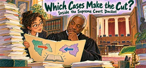 Hand-drawn docket review comic showing a law clerk and justice examining conflicting regional interpretations among many petitions, with a courtroom ready for later consideration.