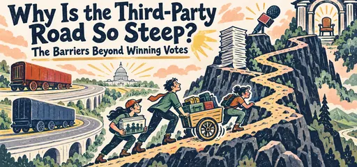 Hand-inked linocut comic of a small-party campaign team pushing a modest cart uphill past ballot paperwork and a media microphone toward one office, while larger campaigns use established roads.