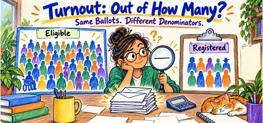 Felt-tip and colored-pencil comic of an election analyst comparing the same ballot pile with different-sized eligible-voter and registered-voter populations to understand turnout denominators.
