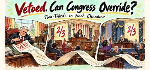Hand-drawn veto override comic showing a president returning a bill and separate House and Senate votes, each marked two-thirds, illustrating congressional checks on presidential power.