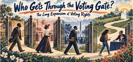 Stencil-print and graphite illustration of citizens from successive historical eras passing opened voting gates, with a present-day volunteer helping a young citizen navigate registration.
